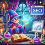 Un magicien dans son atelier numérique, prêt à faire des merveilles avec le référencement. Elle capte bien l'idée de la magie du SEO et la création de site web. 😊