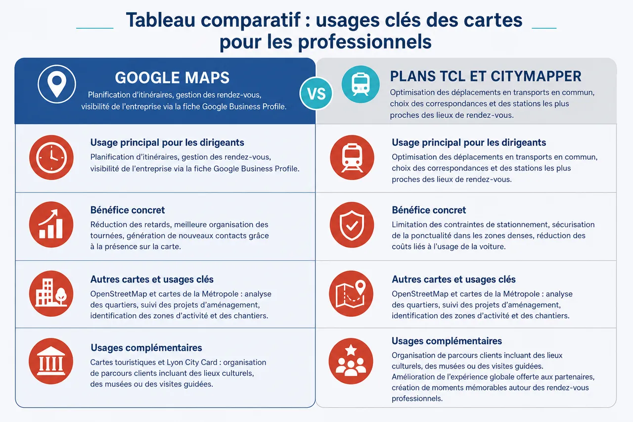 Google Maps à Lyon: préparer vos rendez-vous clients sans perdre de temps , Tableau comparatif: usages clés des cartes pour les professionnels