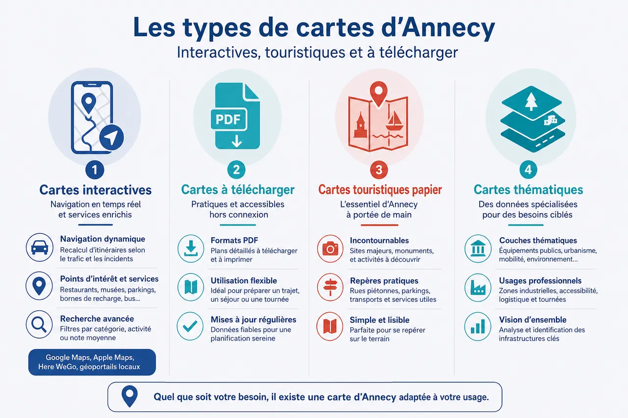 Google Maps à Annecy: naviguer entre centre-ville, zones industrielles et lac , Les types de cartes d’Annecy: interactives, touristiques et à télécharger
