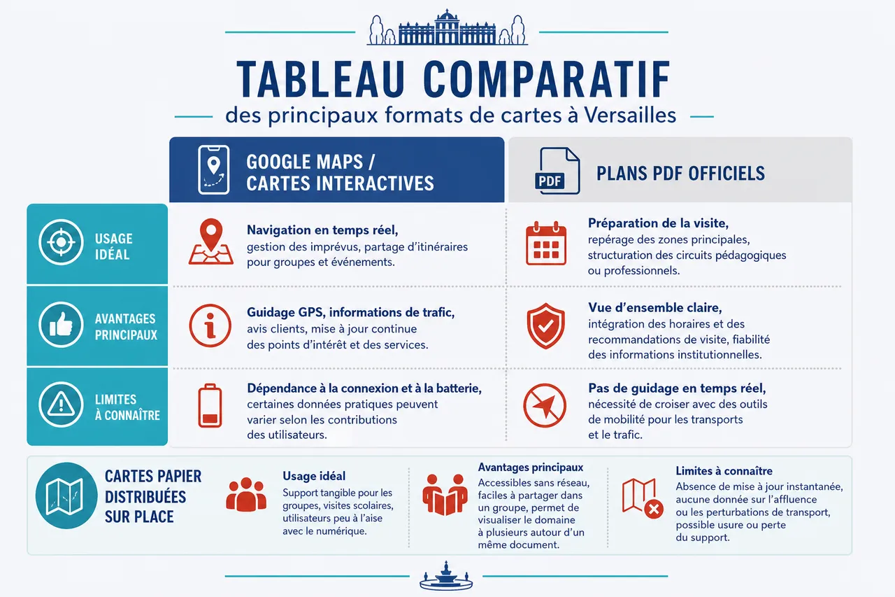 Google Maps à Versailles: organiser visites et déplacements autour du château , Tableau comparatif des principaux formats de cartes à Versailles