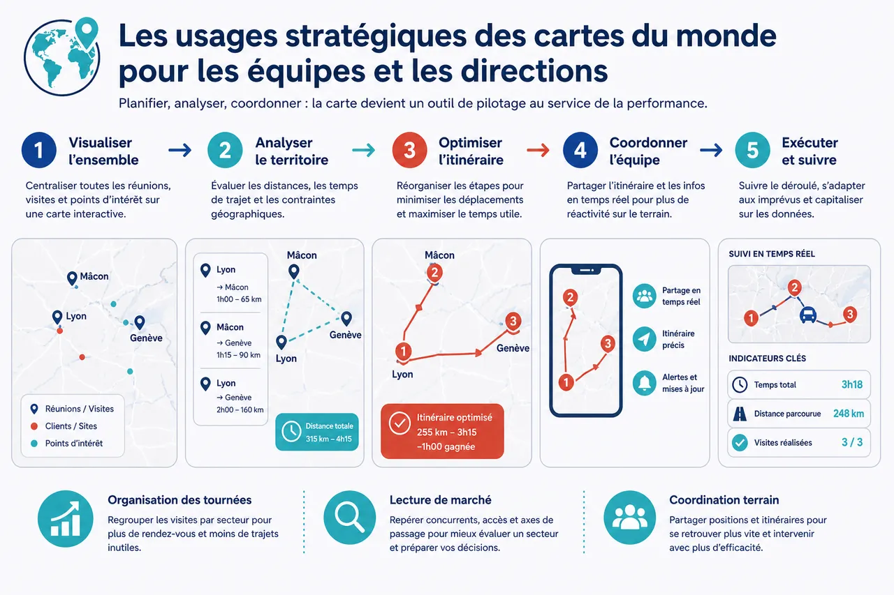 Explorer le monde avec Google Maps: préparer ses déplacements internationaux , Les usages stratégiques des cartes du monde pour les équipes et les directions