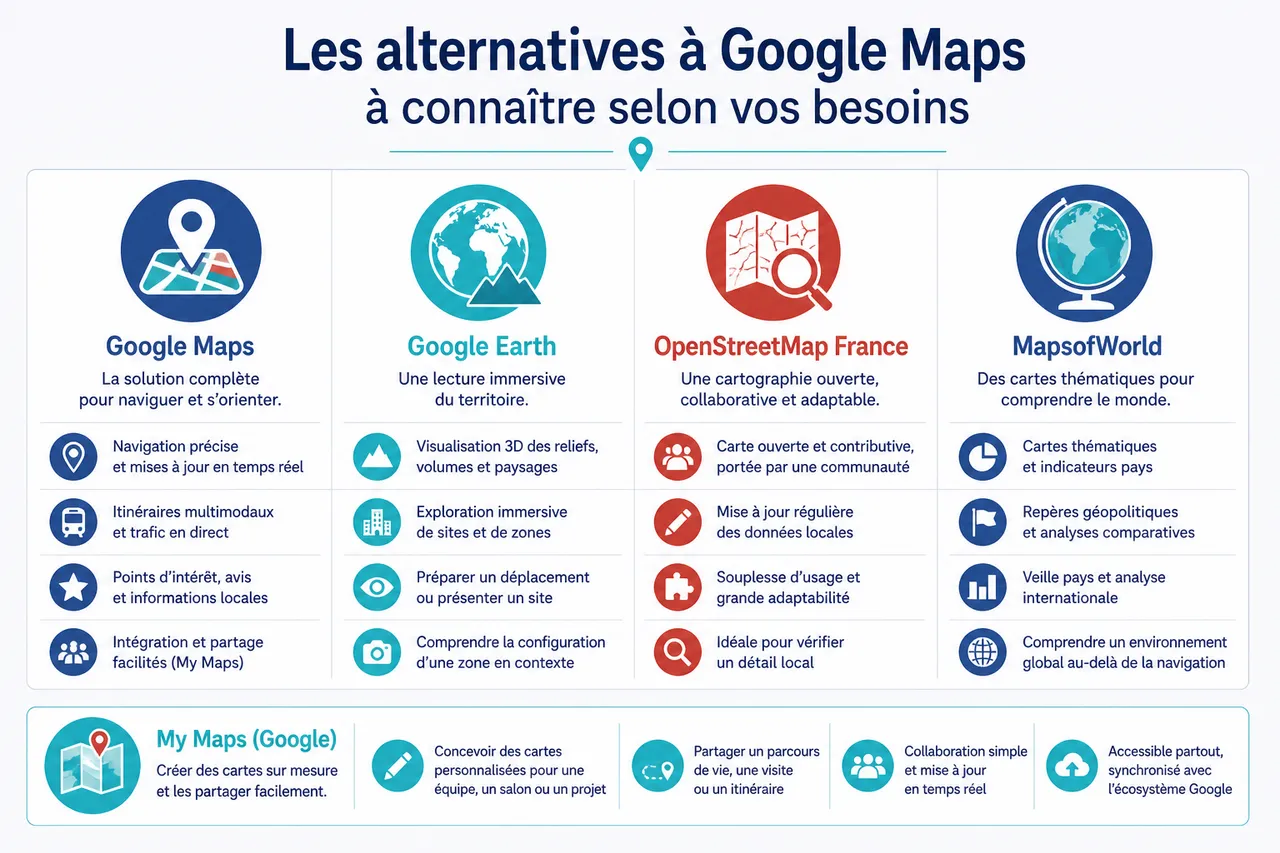 Explorer le monde avec Google Maps: préparer ses déplacements internationaux , Les alternatives à Google Maps à connaître selon vos besoins