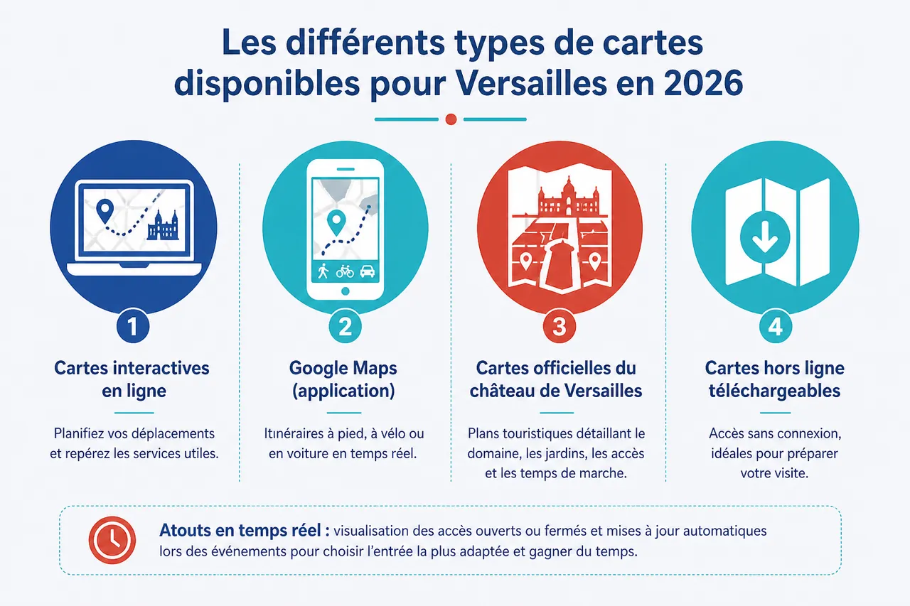Google Maps à Versailles: organiser visites et déplacements autour du château et de la ville , Les différents types de cartes disponibles pour Versailles en 2026