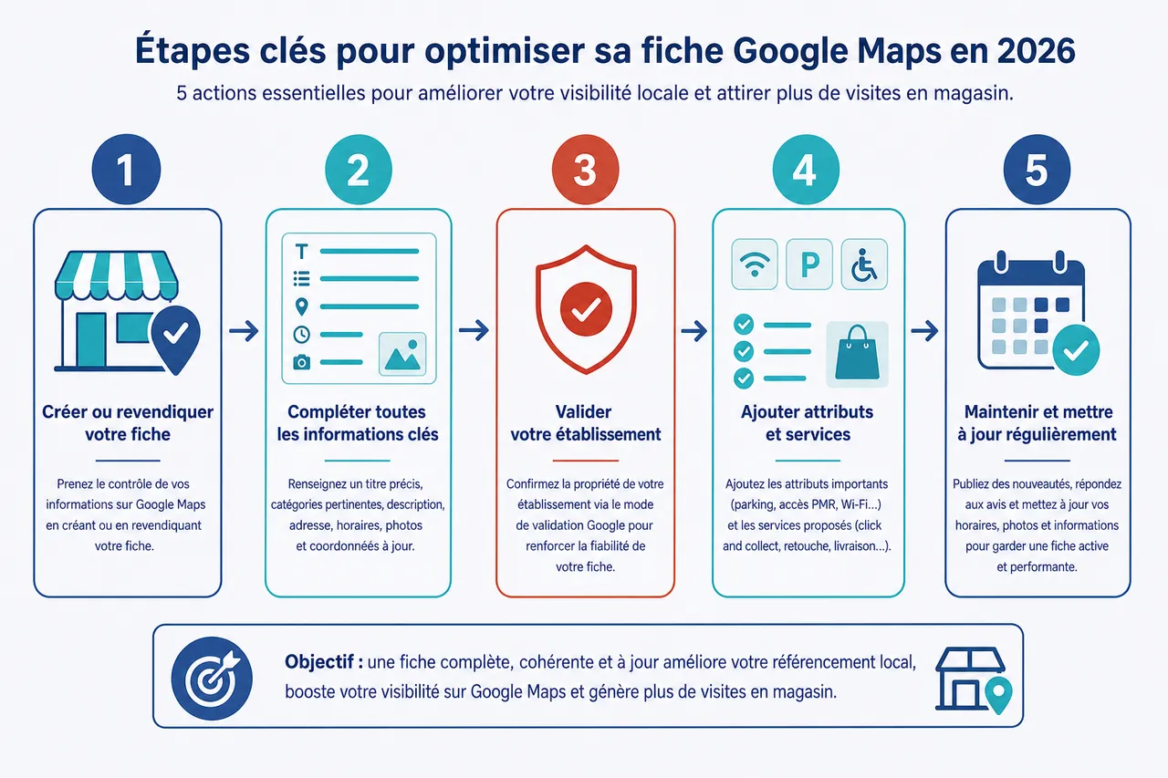 Attirer plus de visites en magasin avec Google Maps sans dépenser plus en pub , Étapes clés pour optimiser sa fiche Google Maps en 2026