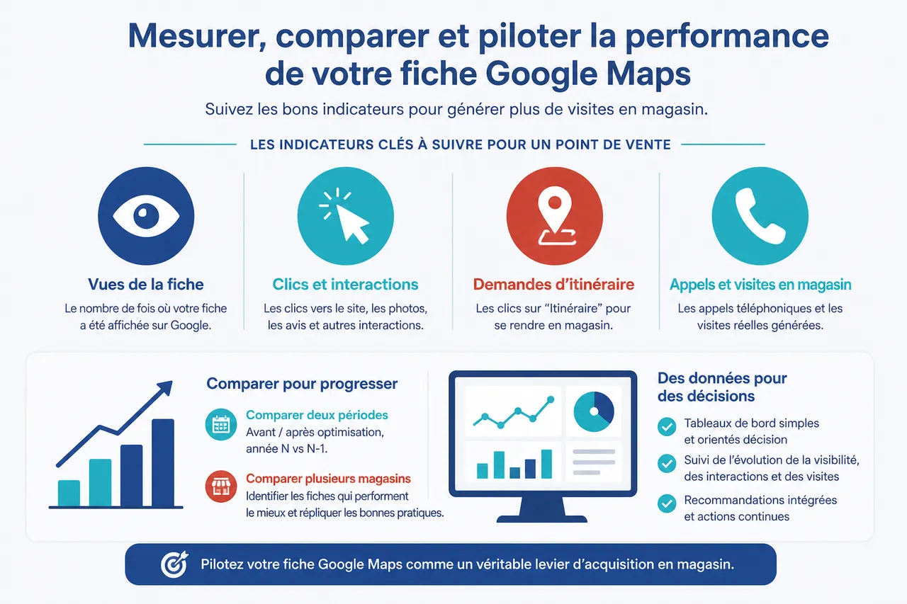 Attirer plus de visites en magasin avec Google Maps sans dépenser plus en pub , Mesurer, comparer et piloter la performance de votre fiche Google Maps